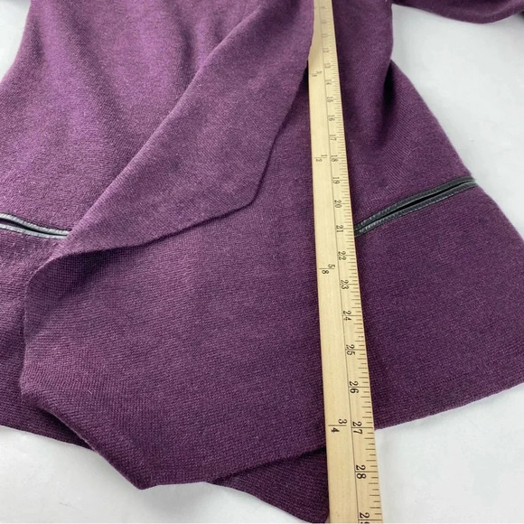 Eileen Fisher XS Open Front Cardigan Purple 100% Merino Wool Leather Trim Pocket - Picture 3 of 7
